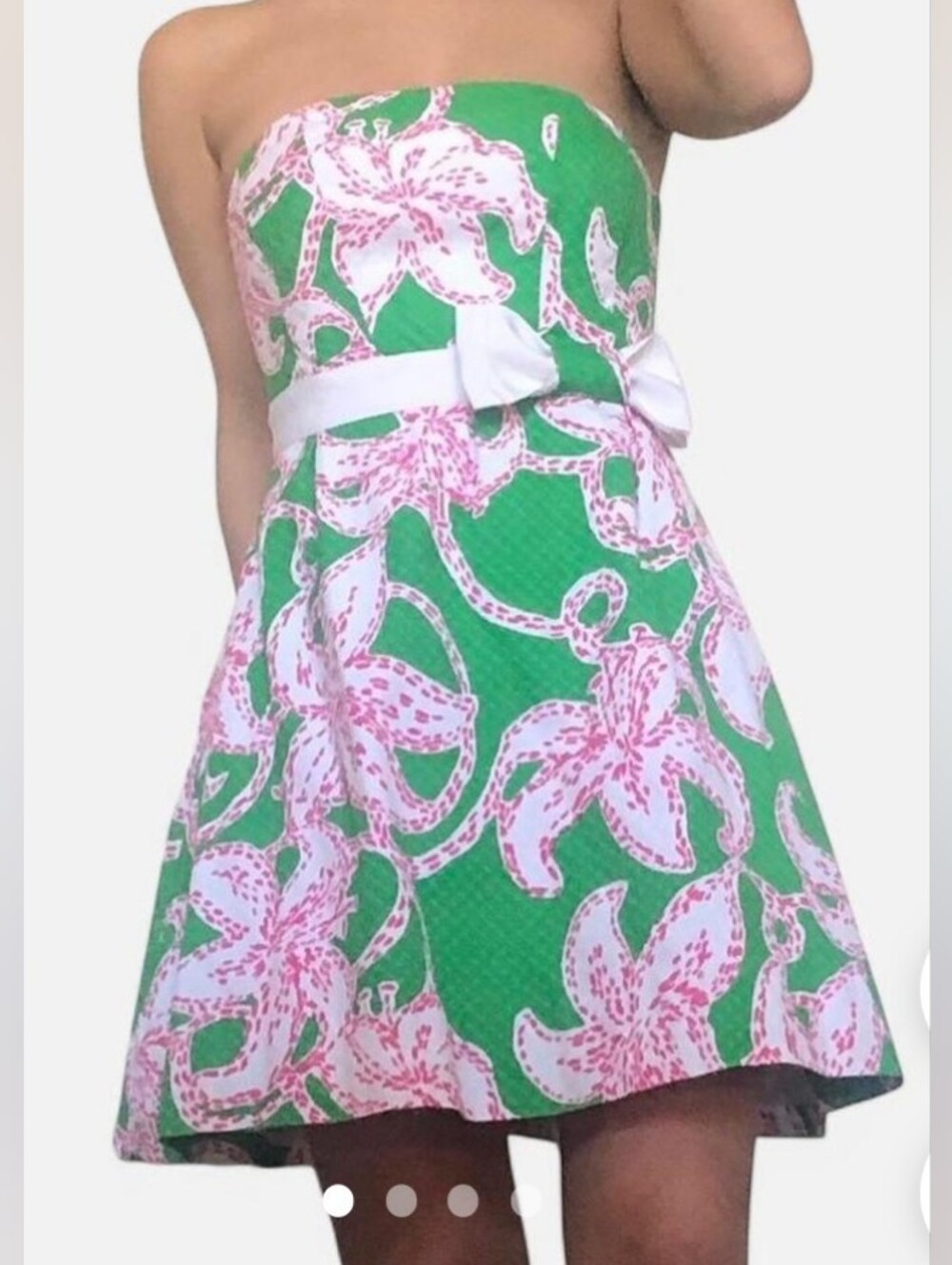 Size 4 Lilly Pulitzer Green And Pink Floral Strapless Bow Dress